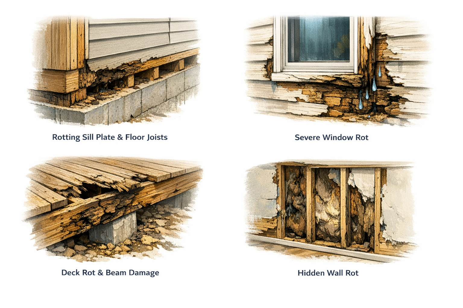 Illustrative examples of rot in sill plates, windows, decks, and interior walls.